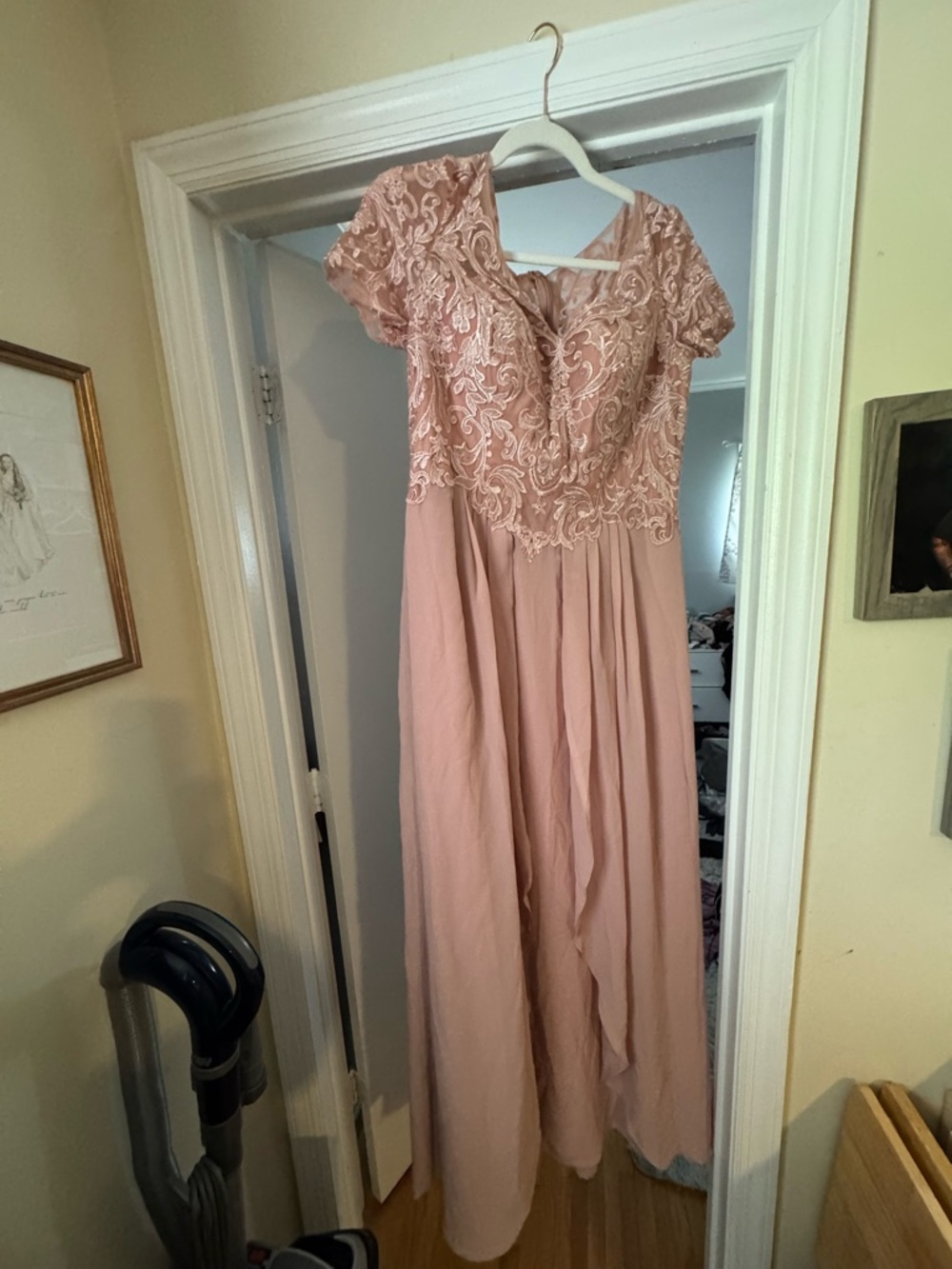 JJs House Dusty Rose Lace Appliqué Chiffon Gown